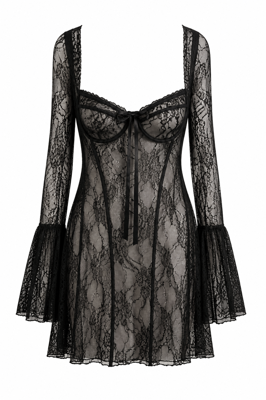 Siyah astarı ten  dantel mini elbise