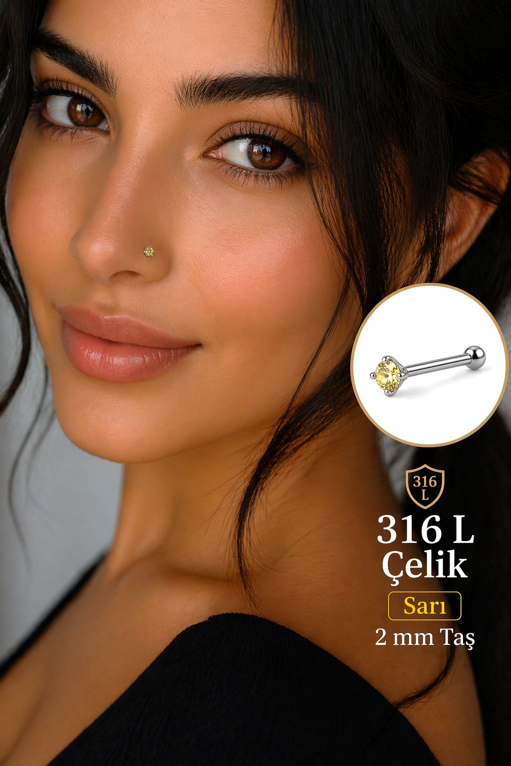 316L Çelik Tektaş Hızma 2 mm Zirkon Taşlı Burun Piercing (1 Adet)