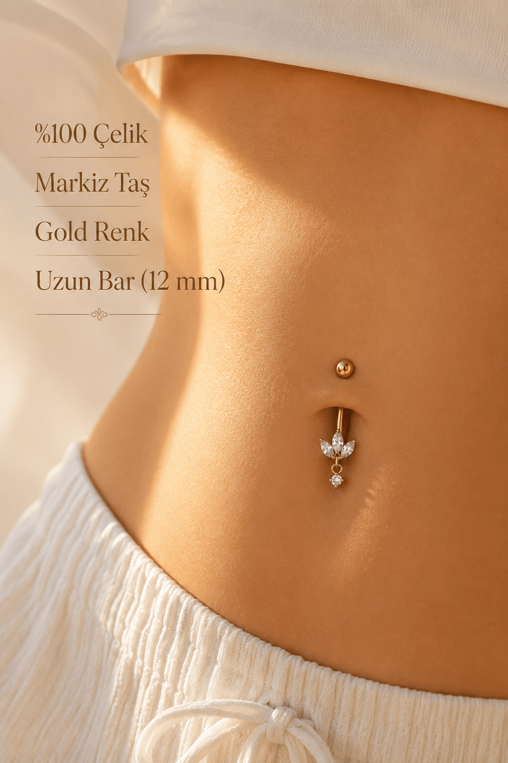 316L Çelik Uzun Bar Minimal Markiz Taşlı Göbek Piercingi 12 mm