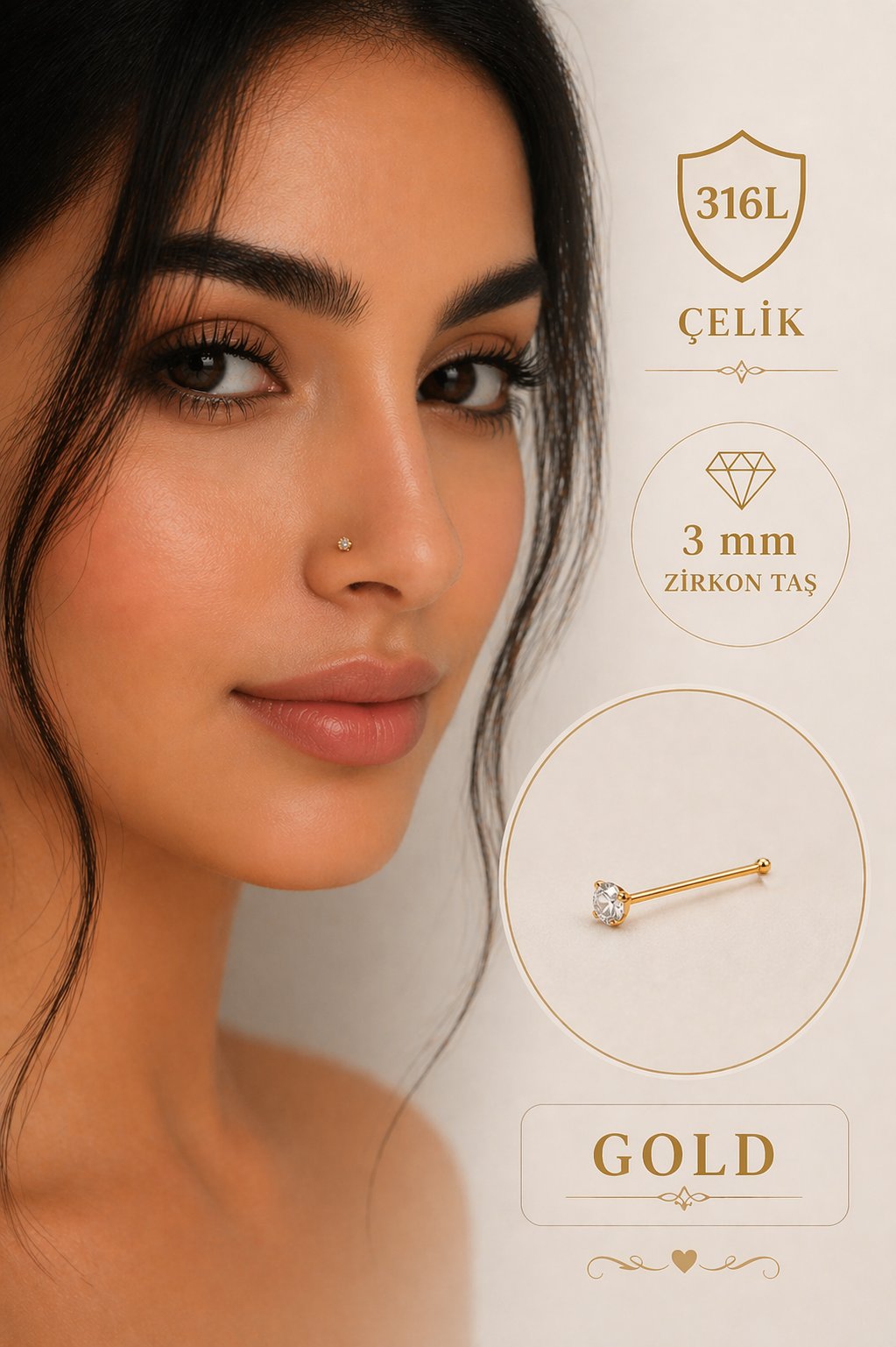 316L Çelik Yuvarlak Kesim Zirkon Taşlı Hızma 3 mm Burun Takısı (1 Adet)