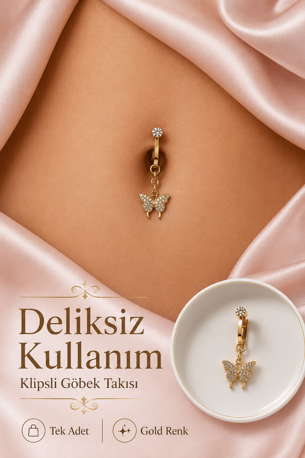 Delik Gerektirmeyen Kelebek Figürlü Sıkıştırmalı Göbek Piercingi Mıknatıslı
