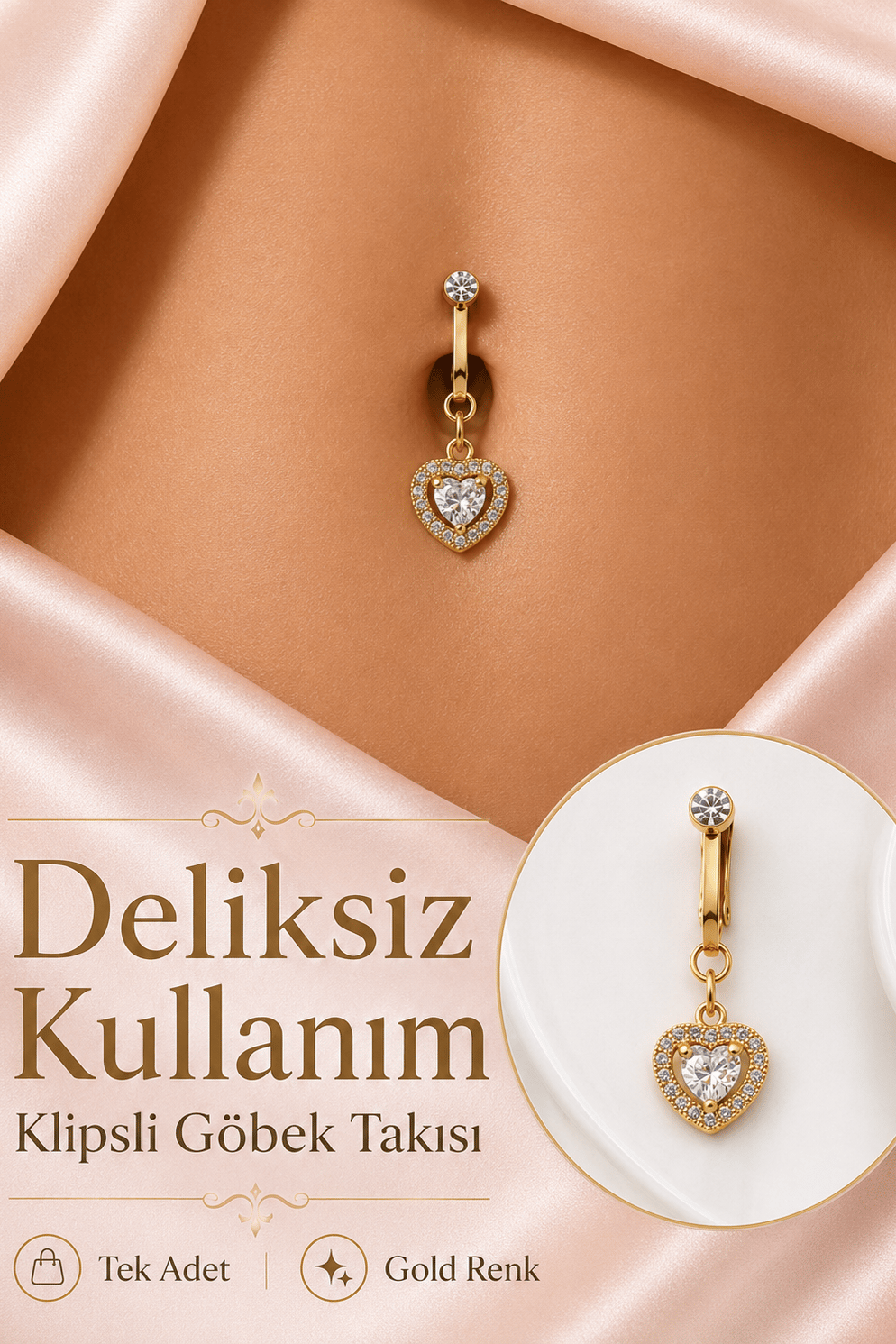 Delik Gerektirmeyen Prenses Kalp Figürlü Sıkıştırmalı Göbek Piercingi Mıknatıslı