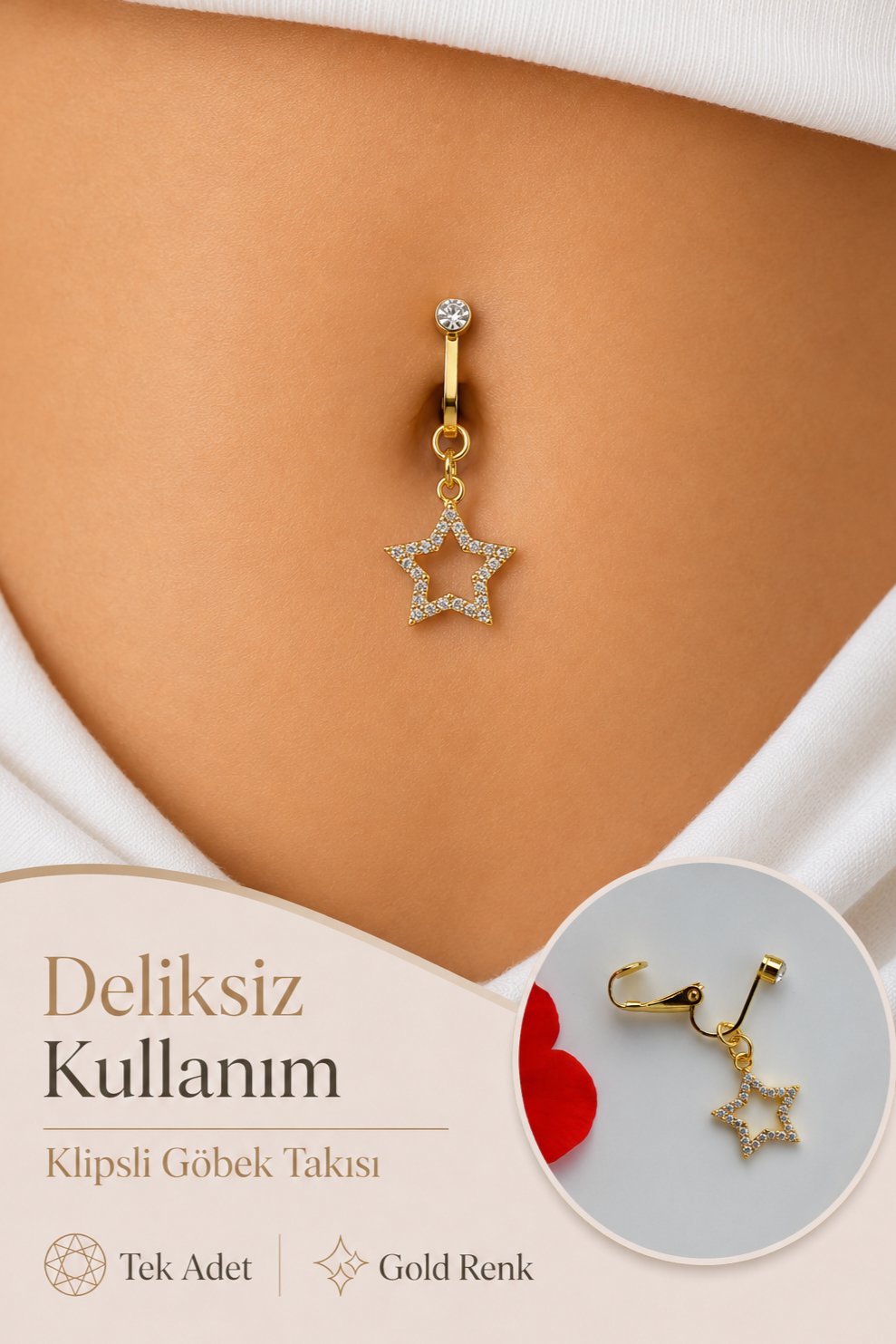 Delik Gerektirmeyen Yıldız Figürlü Sıkıştırmalı Göbek Piercingi Mıknatıslı