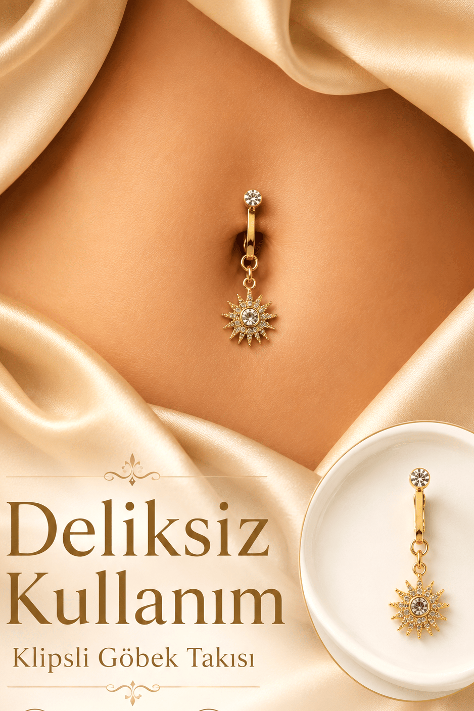 Deliksiz Göbek Piercingi Klipsli Güneş Model Zirkon Taşlı Sıkıştırmalı Göbek Takısı Tek Adet
