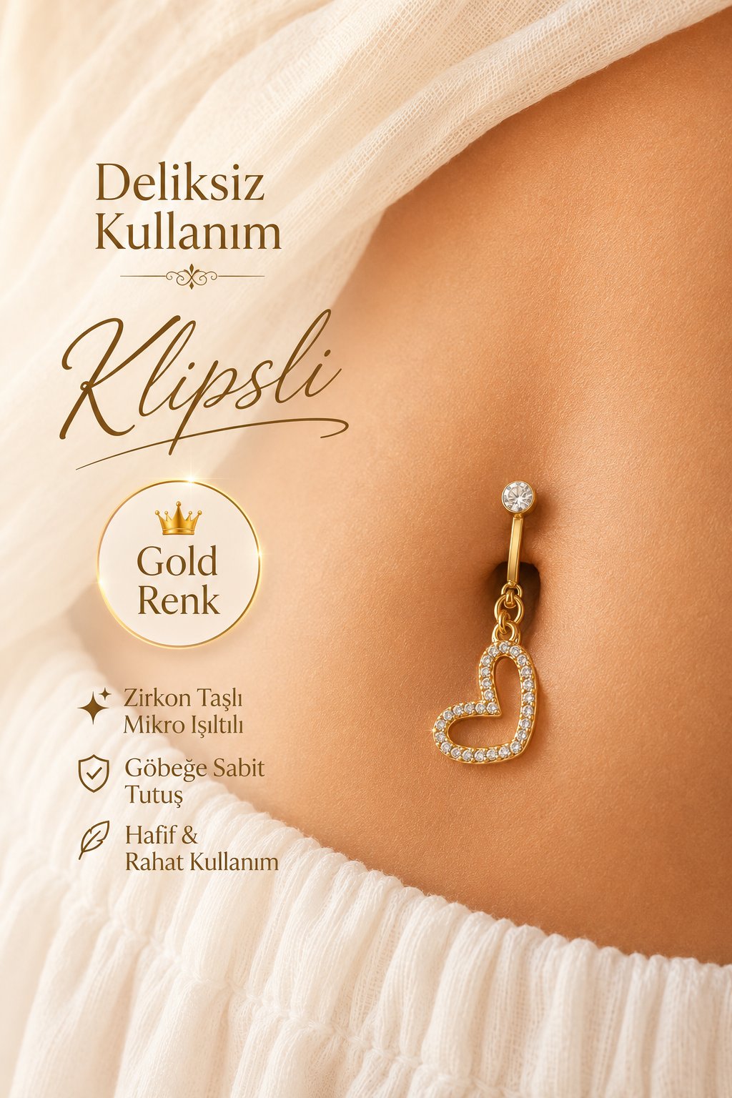 Deliksiz Klipsli Asimetrik Kalp Figürlü Göbek Piercing Taşlı Sıkıştırmalı Göbek Takısı