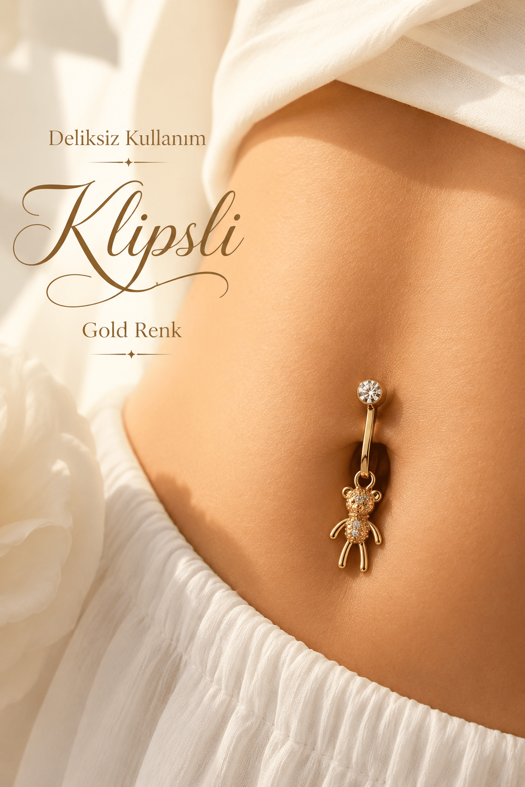 Deliksiz Klipsli Ayıcık Figürlü Göbek Piercing Taşlı Sıkıştırmalı Göbek Takısı
