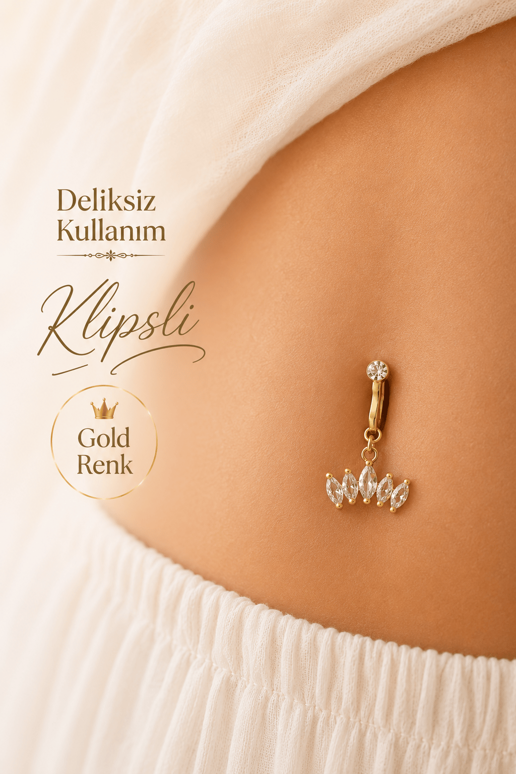 Deliksiz Klipsli Taç Figürlü Göbek Piercing Taşlı Sıkıştırmalı Göbek Takısı