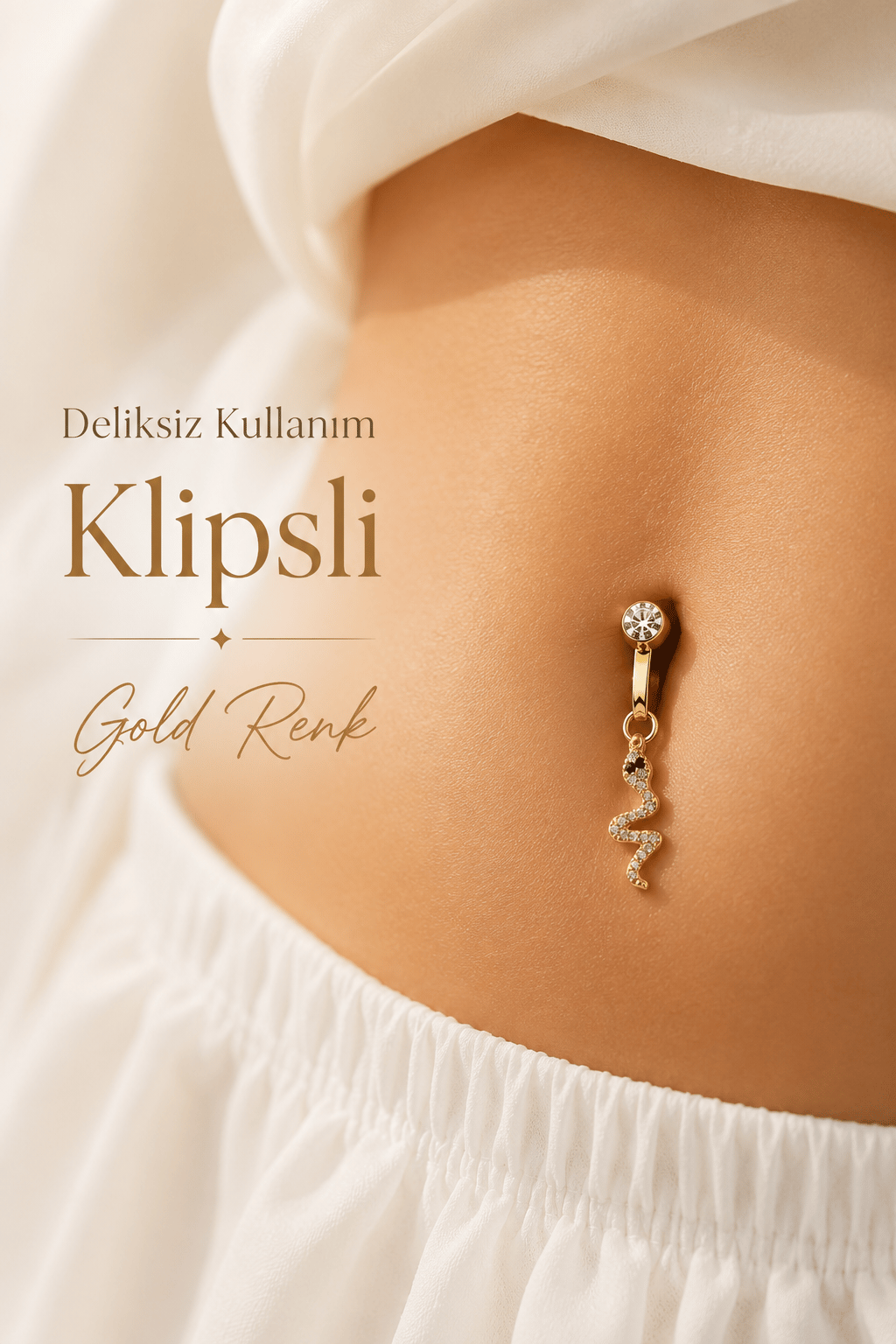 Deliksiz Klipsli Yılan Figürlü Göbek Piercing Taşlı Sıkıştırmalı Göbek Takısı