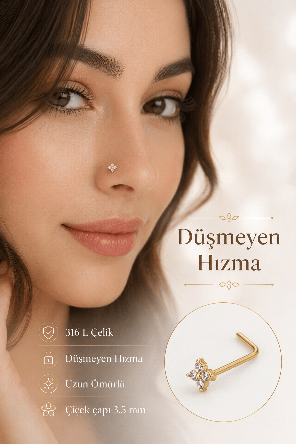 Düşmeyen L Model Çiçekli Çelik Burun Hızması 316L Zirkon Taşlı