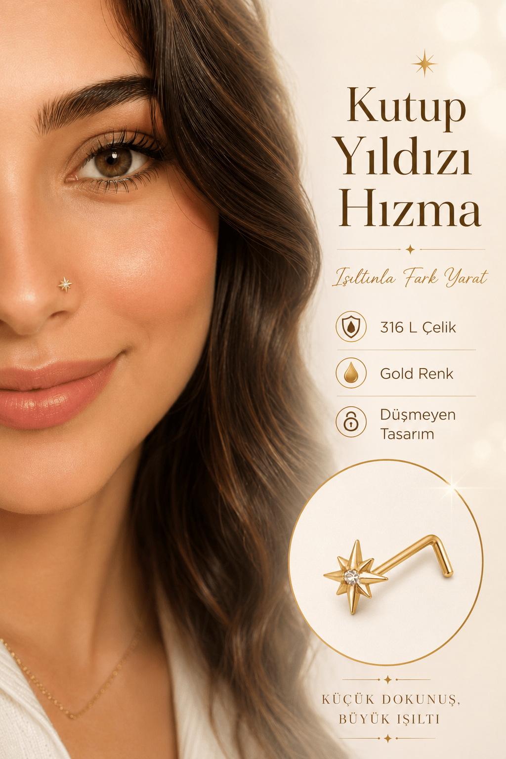 Düşmeyen L Model Kutup Yıldızı Çelik Burun Hızması 316L Zirkon Taşlı