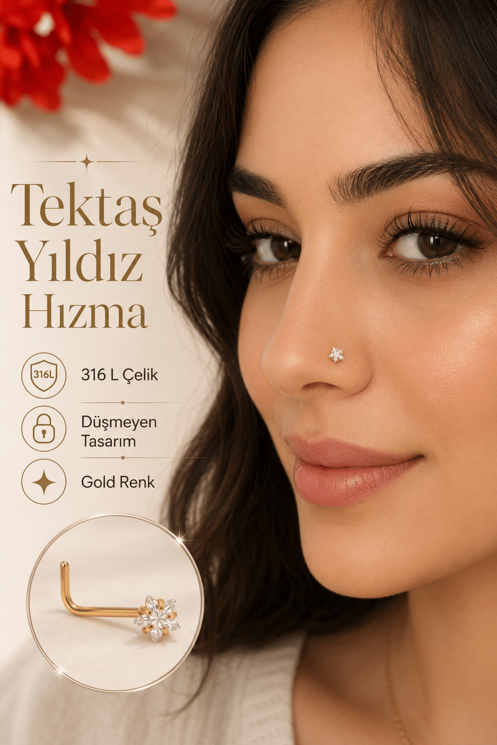 Düşmeyen L Model Yıldız Tektaş Çelik Burun Hızması 316L Zirkon Taşlı