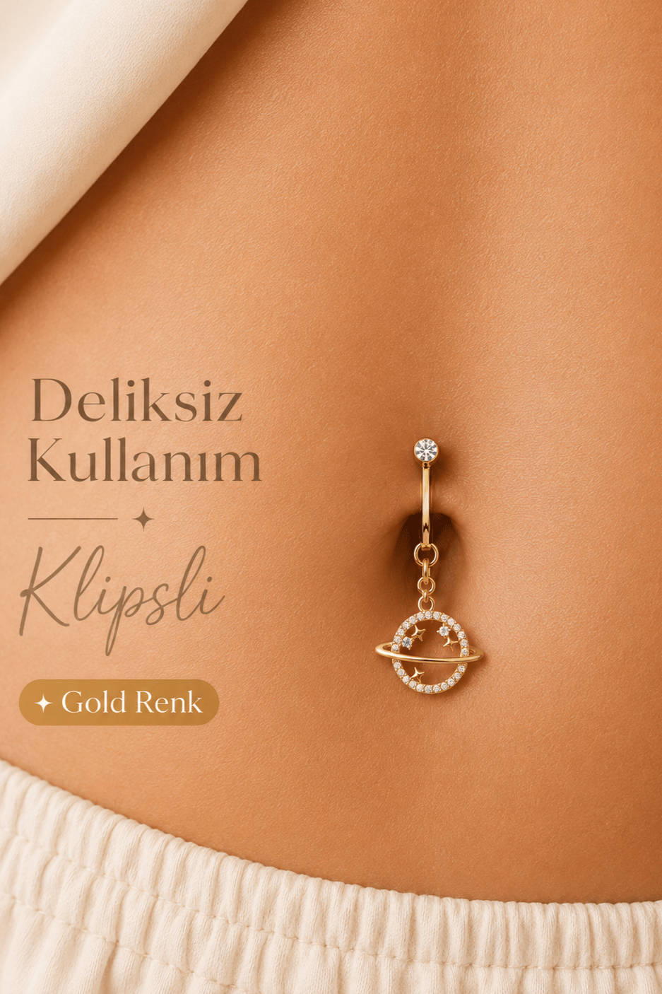 Galaksi Satürn Deliksiz Klipsli Göbek Piercingi Zirkon Taşlı Sallantılı