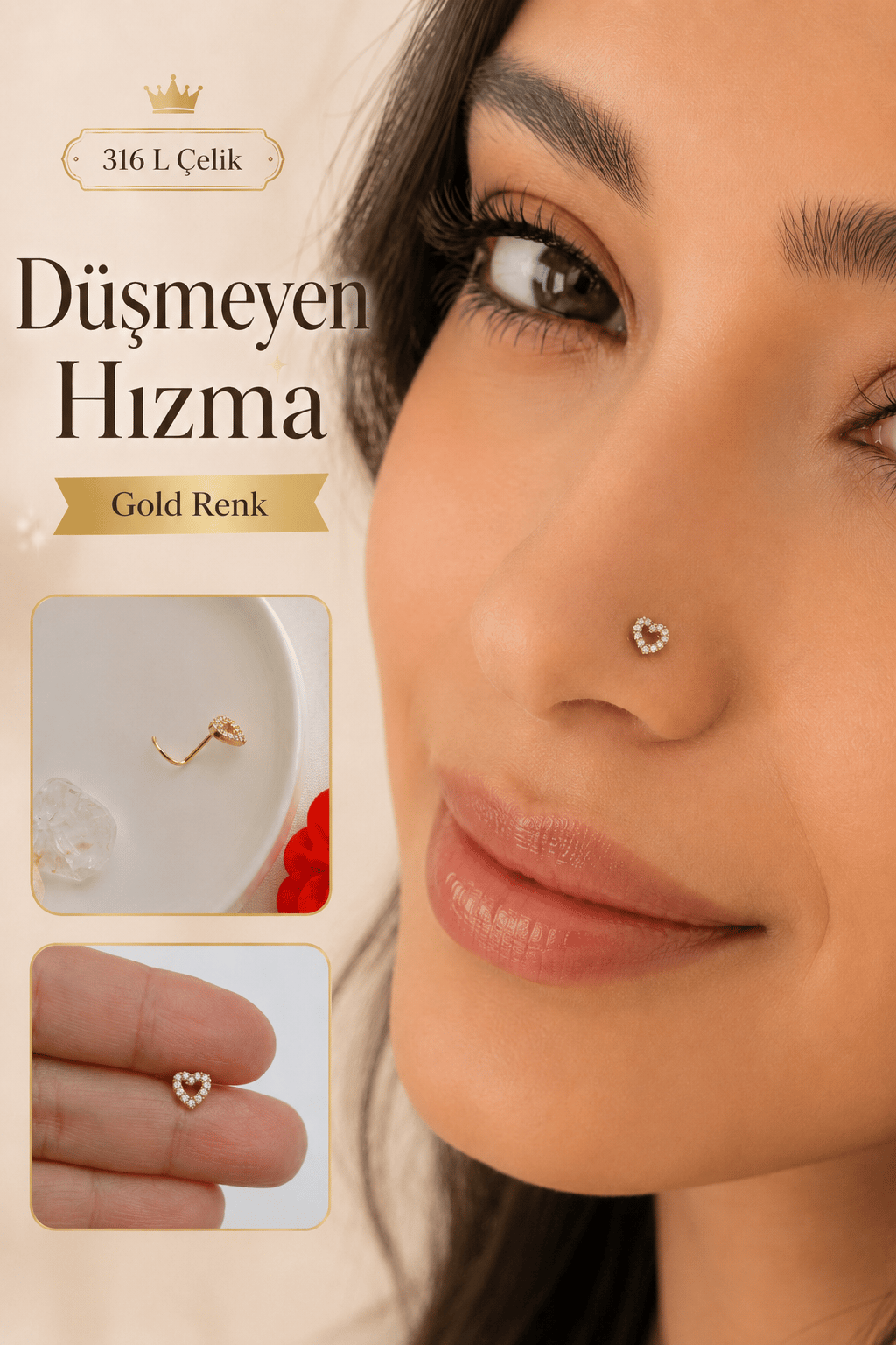Kalp Model Zirkon Taşlı Düşmeyen Çelik Burun Hızması