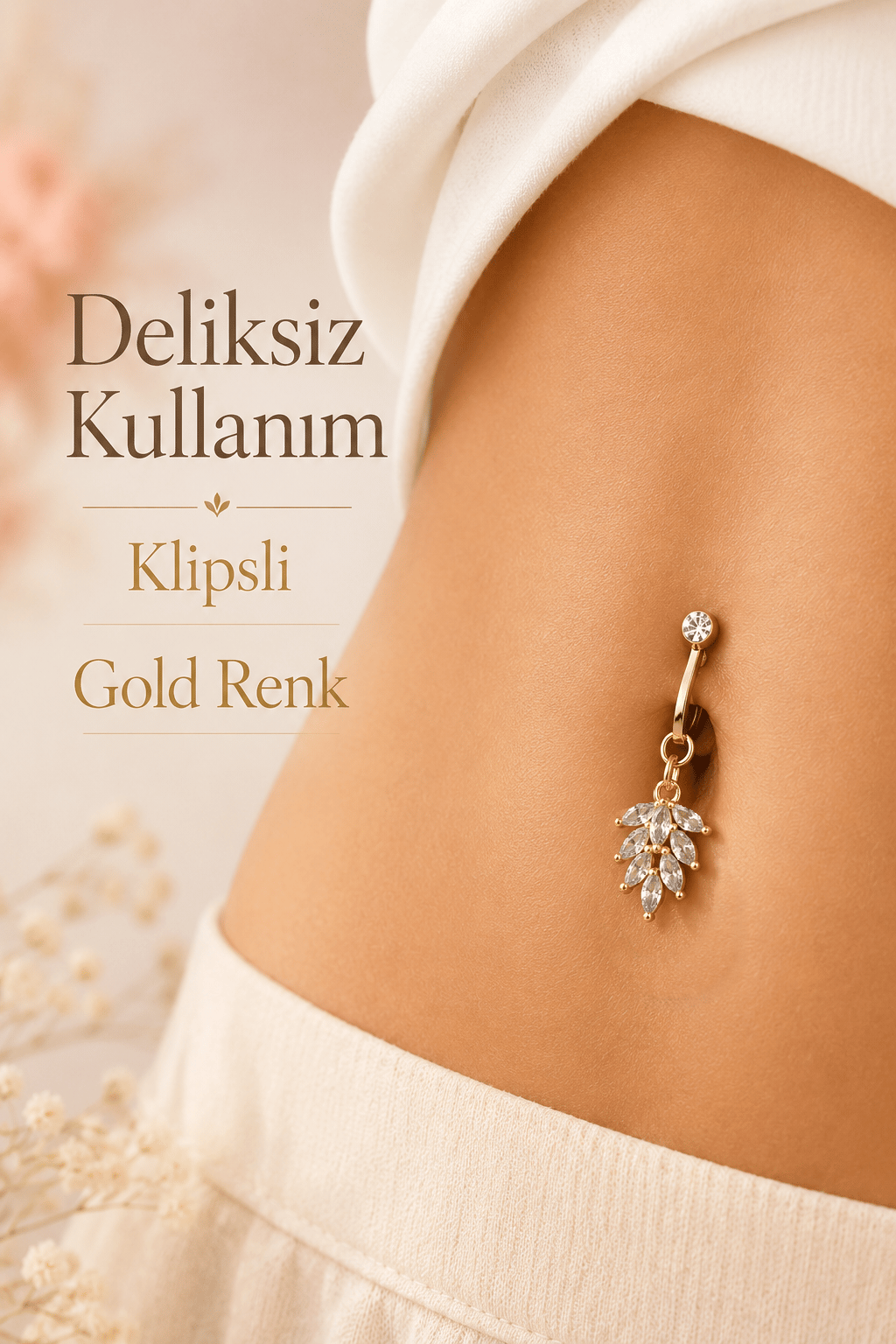 Kristal Başak Deliksiz Klipsli Göbek Piercingi Zirkon Taşlı Sallantılı