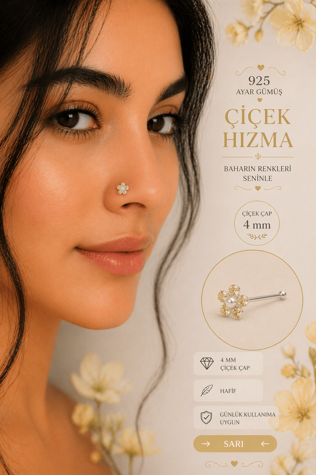 Minimal Çiçek Hızma Renkli Taşlı Burun Piercing