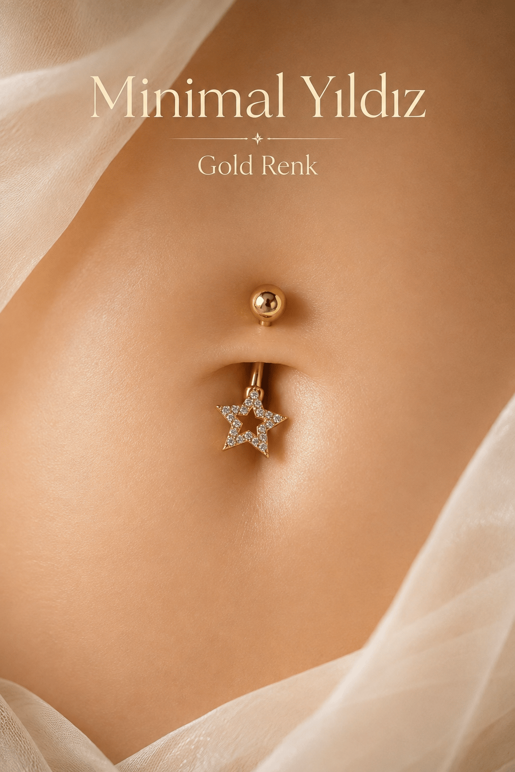 Minimal Yıldız Zirkon Taşlı Göbek Piercingi Çelik Bar