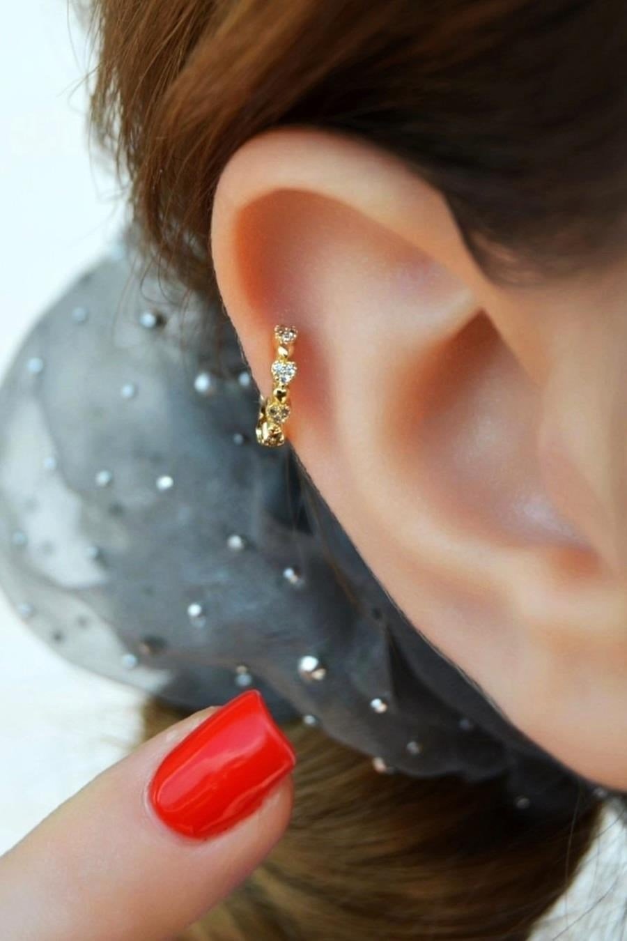 Taşlı Sıralı Mini Kalpli Halka Tragus Helix KIkırdak Piercing Forward Helix