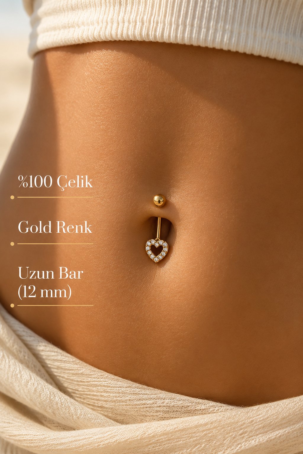 Uzun Bar Kalp Figürlü Göbek Piercingi %100 Çelik 12 mm