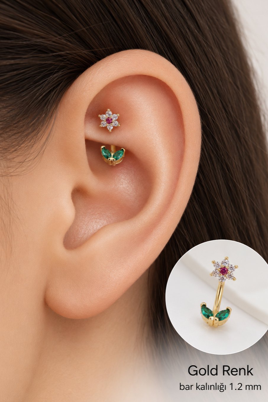 Zirkon Taşlı Çiçek Yaprak Rook Piercing Helix Kaş Kıkırdak Tragus 1.2 mm