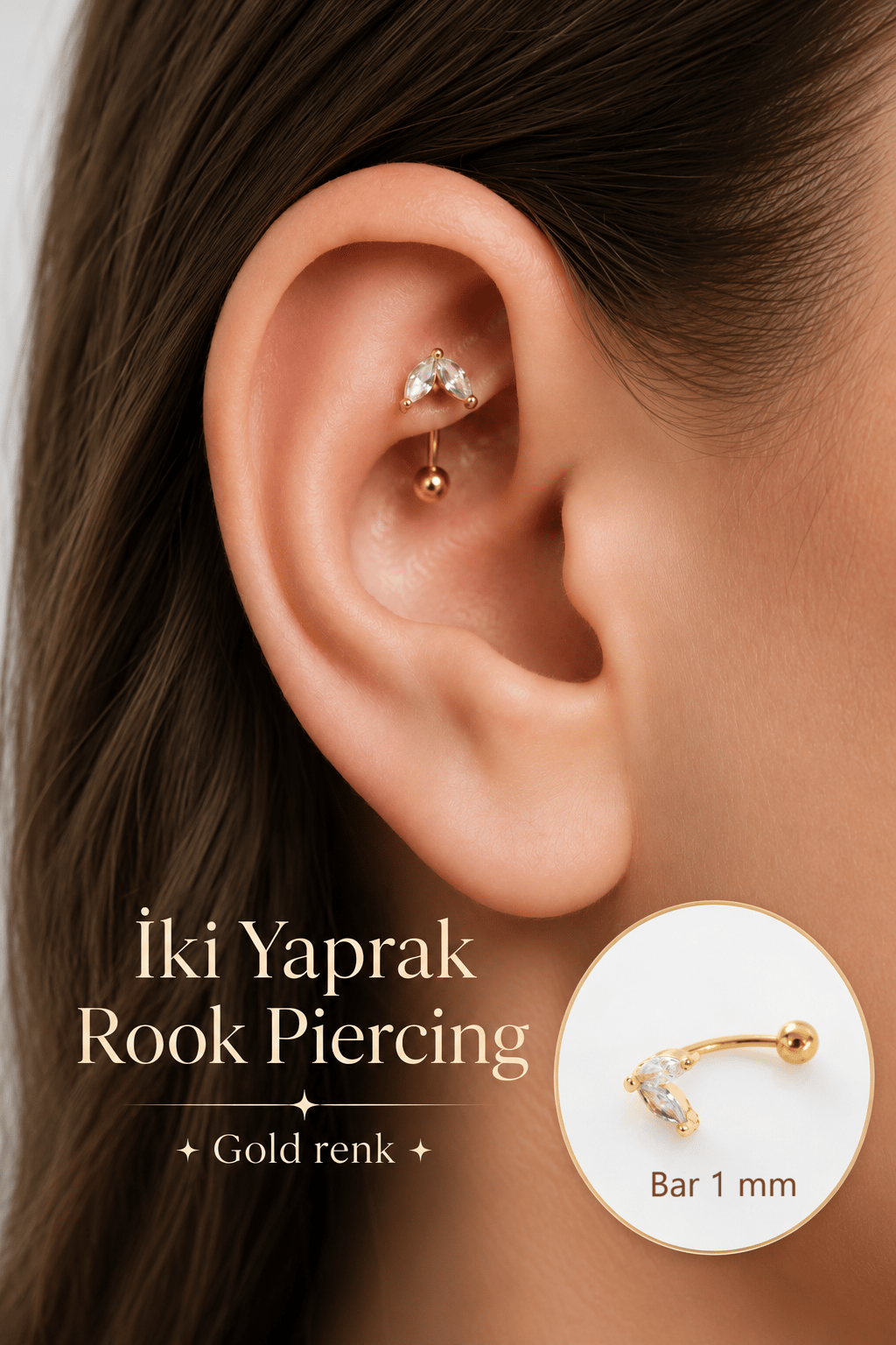 Zirkon Taşlı İki Yaprak Rook Piercing Çelik Bar 1 mm