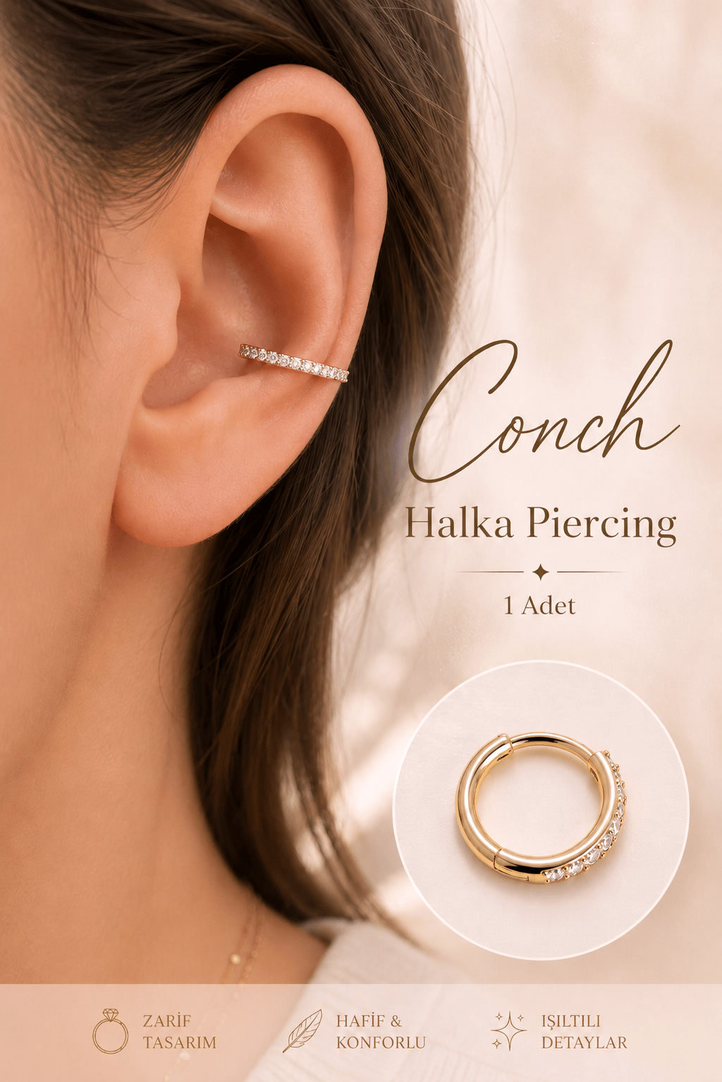 Zirkon Taşlı İnce Halka Conch Piercing – Gold & Gümüş | Rodyum Kaplama | Tekli