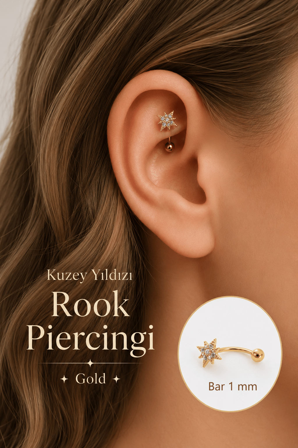 Zirkon Taşlı Kuzey Yıldızı Rook Piercing Çelik Bar 1 mm