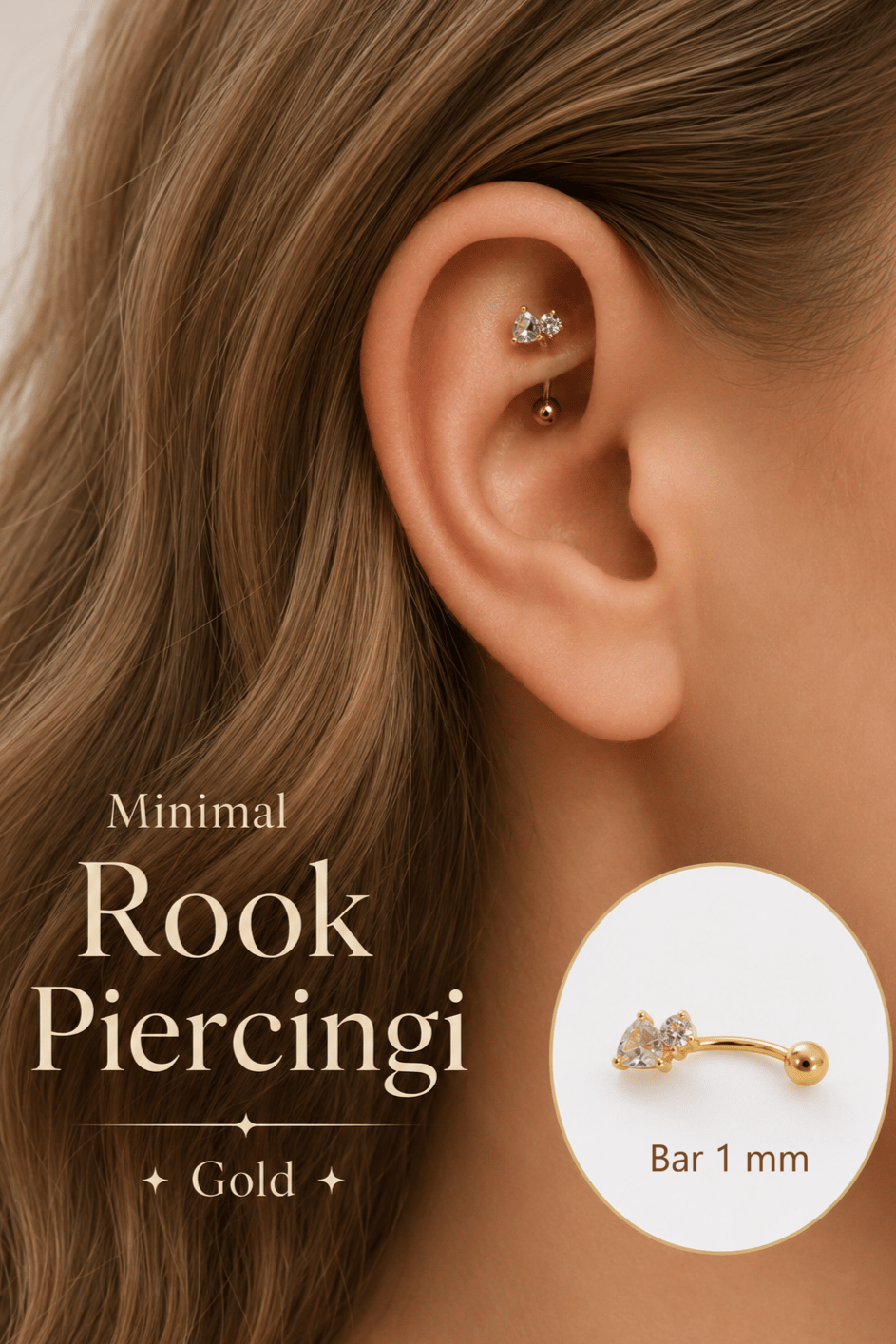 Zirkon Taşlı Mini Kalp Rook Piercing Çelik Bar 1 mm