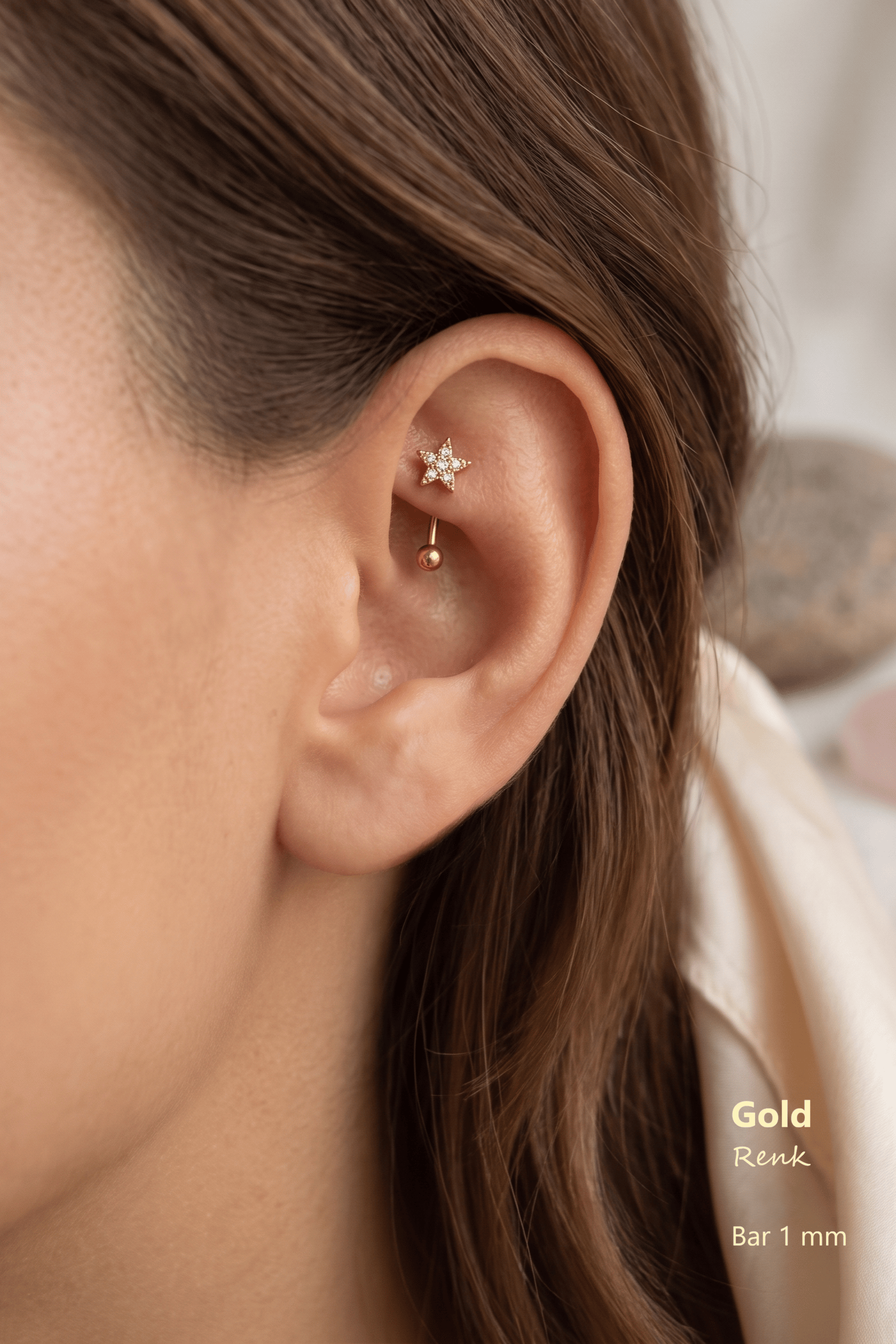 Zirkon Taşlı Minimal Yıldız Rook Piercing Çelik Bar 1 mm