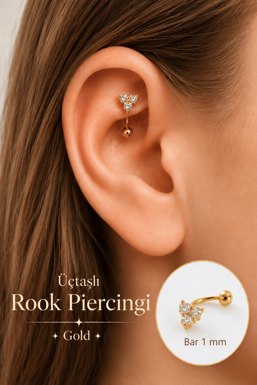 Zirkon Taşlı Üçtaşlı Rook Piercing Çelik Bar 1 mm