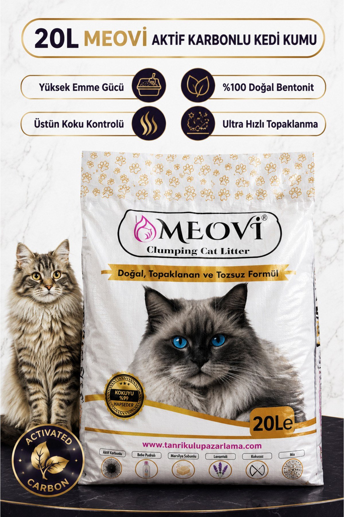 Aktif Karbonlu İnce Taneli Ultra Topaklaşan Tozsuz Premium Kedi Kumu 20Lt.
