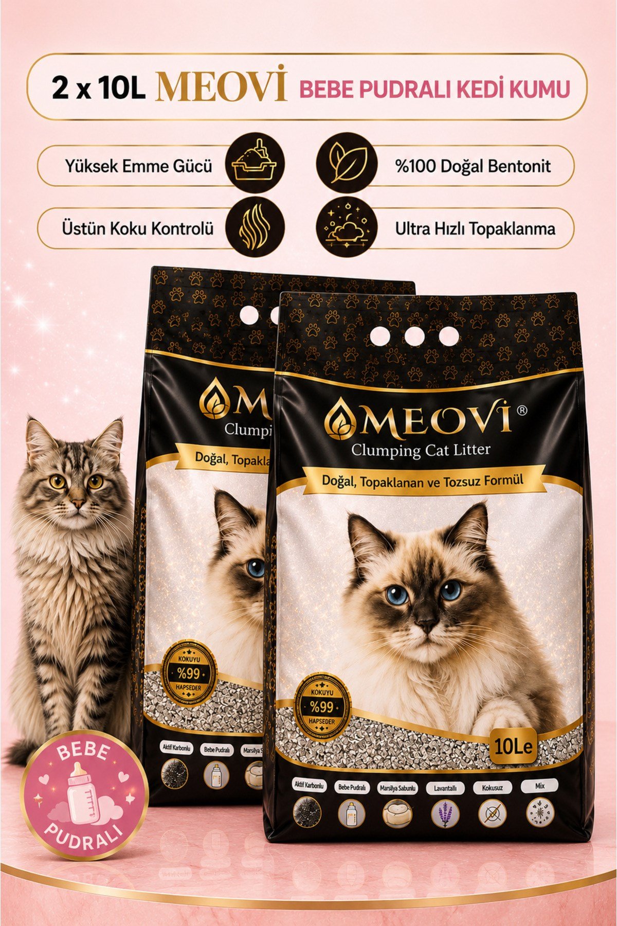 Bebek Pudra Kokulu İnce Taneli Ultra Topaklaşan Tozsuz Premium Kedi Kumu 2x10 Lt.