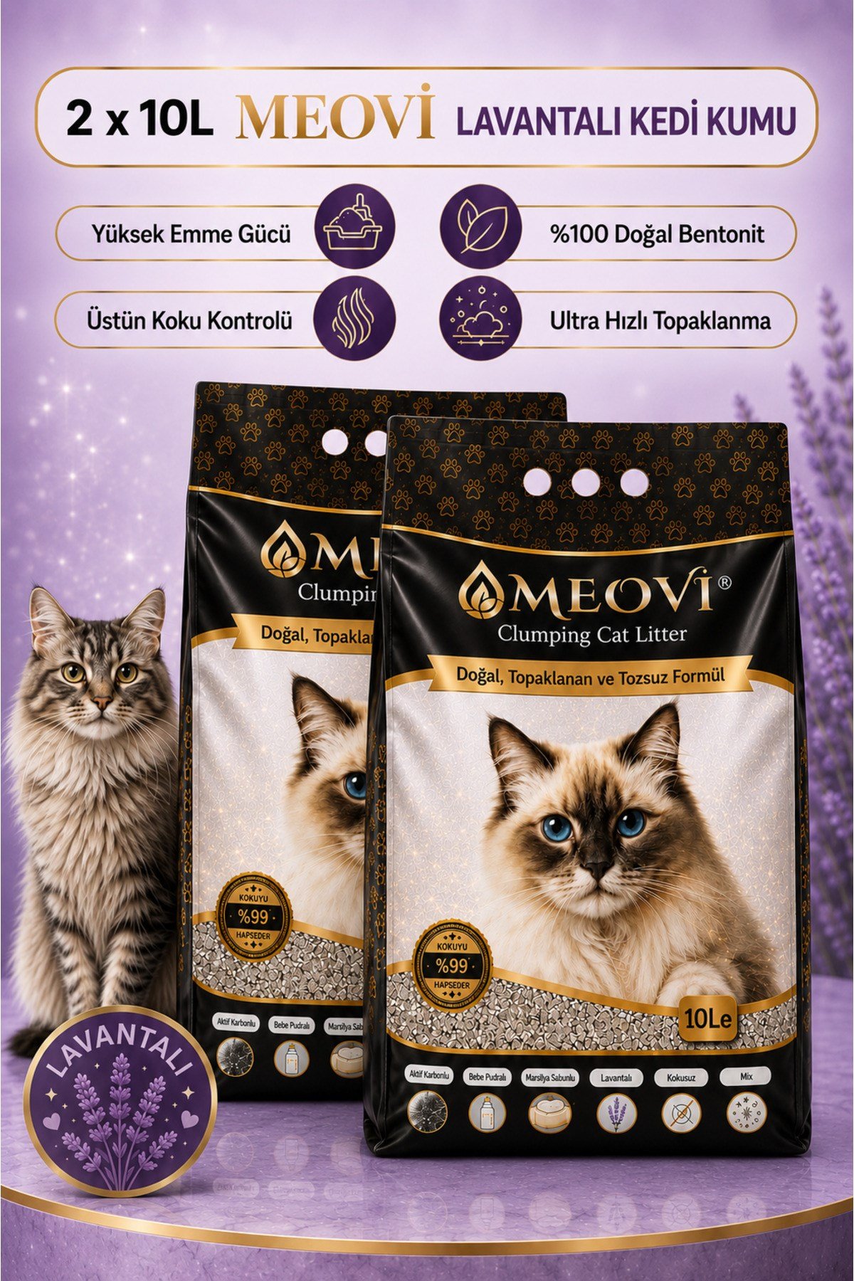 Lavanta Kokulu İnce Taneli Ultra Topaklaşan Tozsuz Premium Kedi Kumu 2x10 Lt.