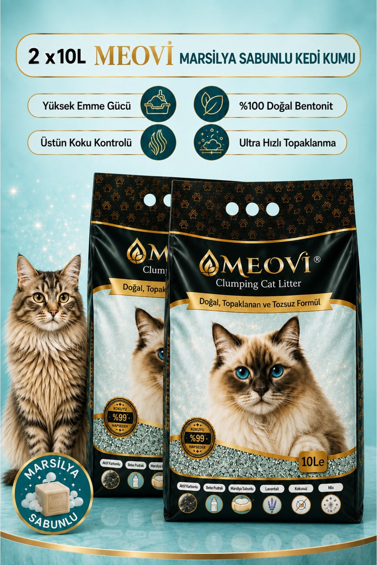 Marsilya Sabun Kokulu İnce Taneli Ultra Topaklaşan Tozsuz Premium Kedi Kumu 2x 10 Lt.