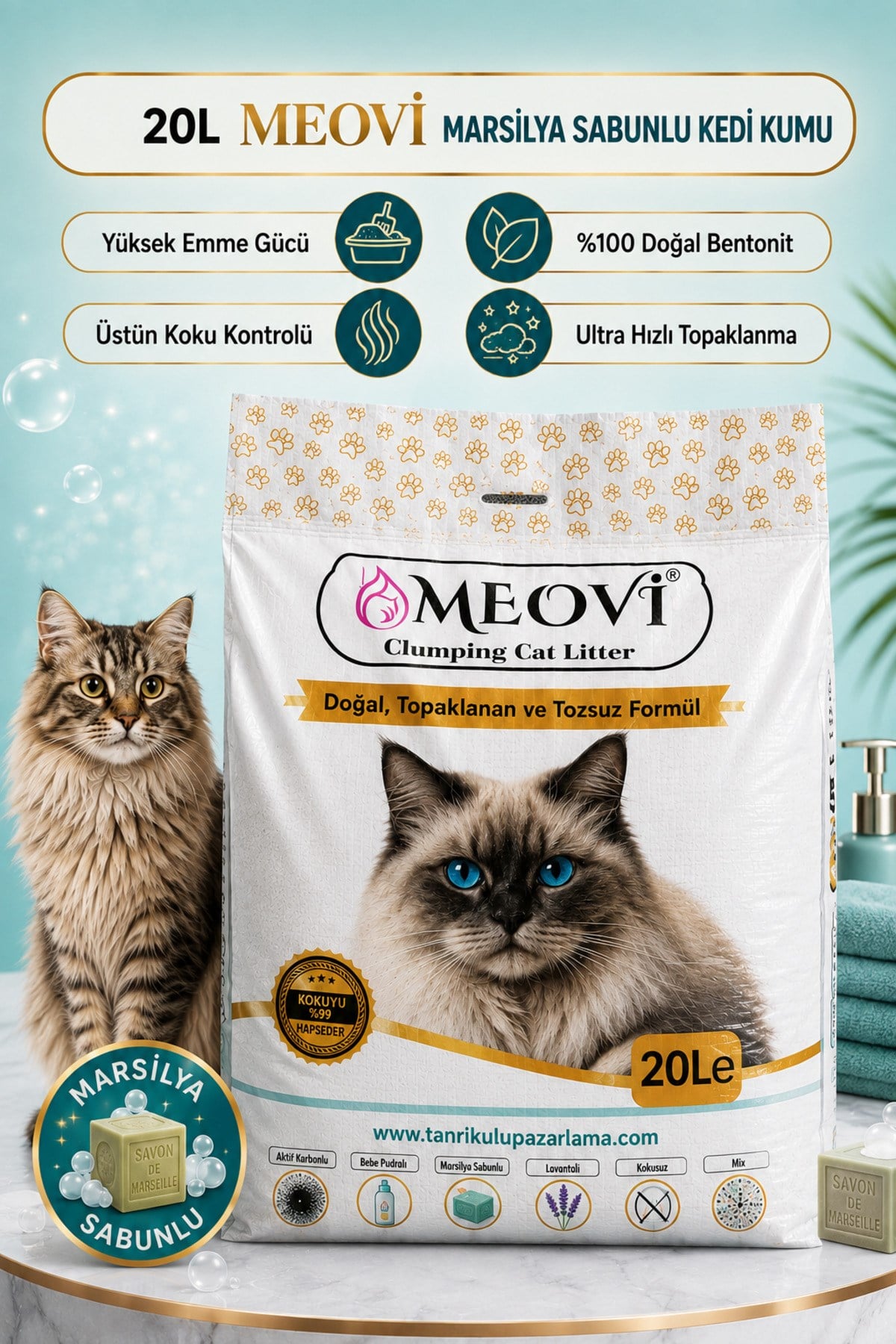 Marsilya Sabun Kokulu İnce Taneli Ultra Topaklaşan Tozsuz Premium Kedi Kumu 20Lt.