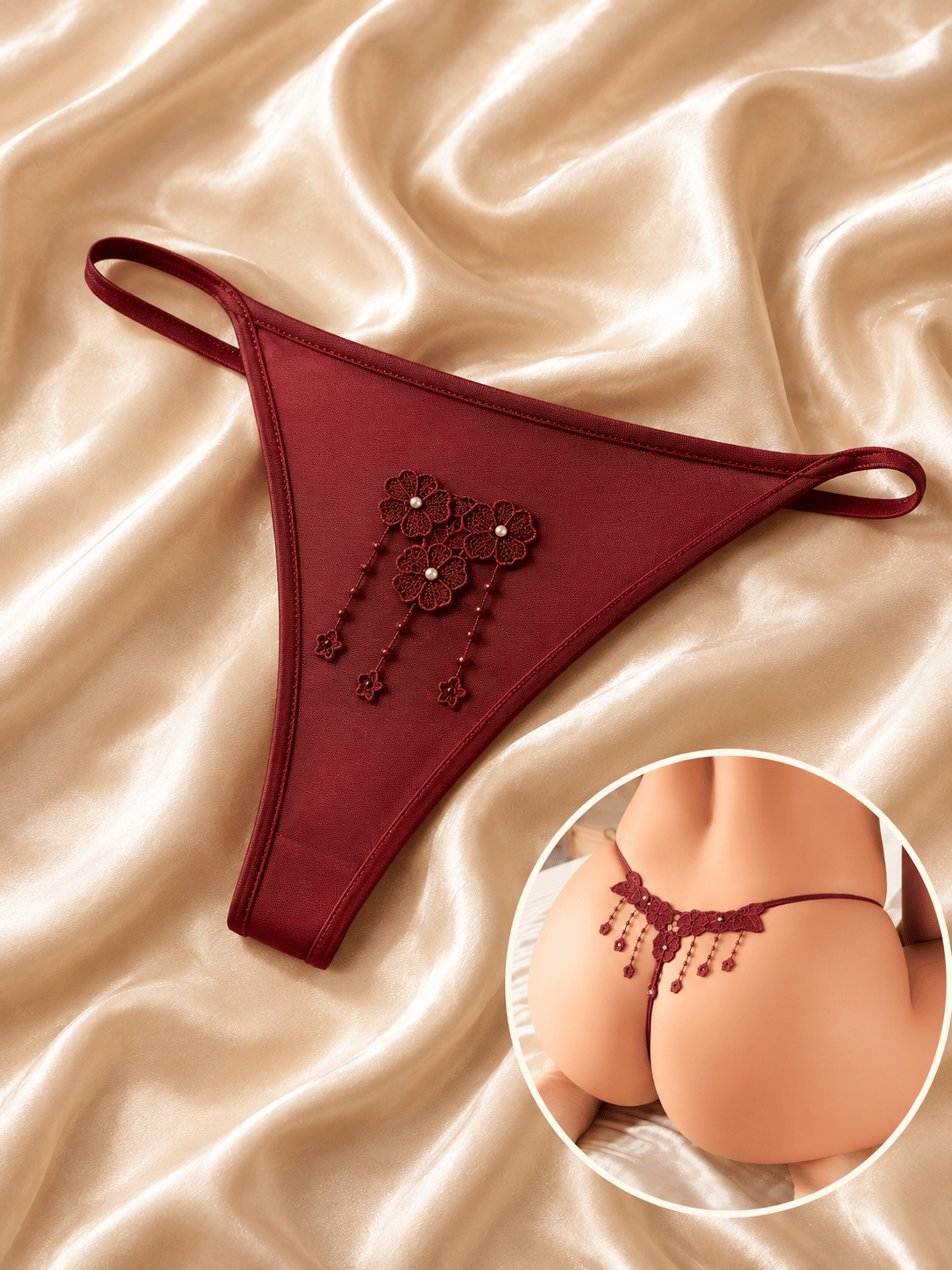 Bordo Çiçek İşlemeli Tanga