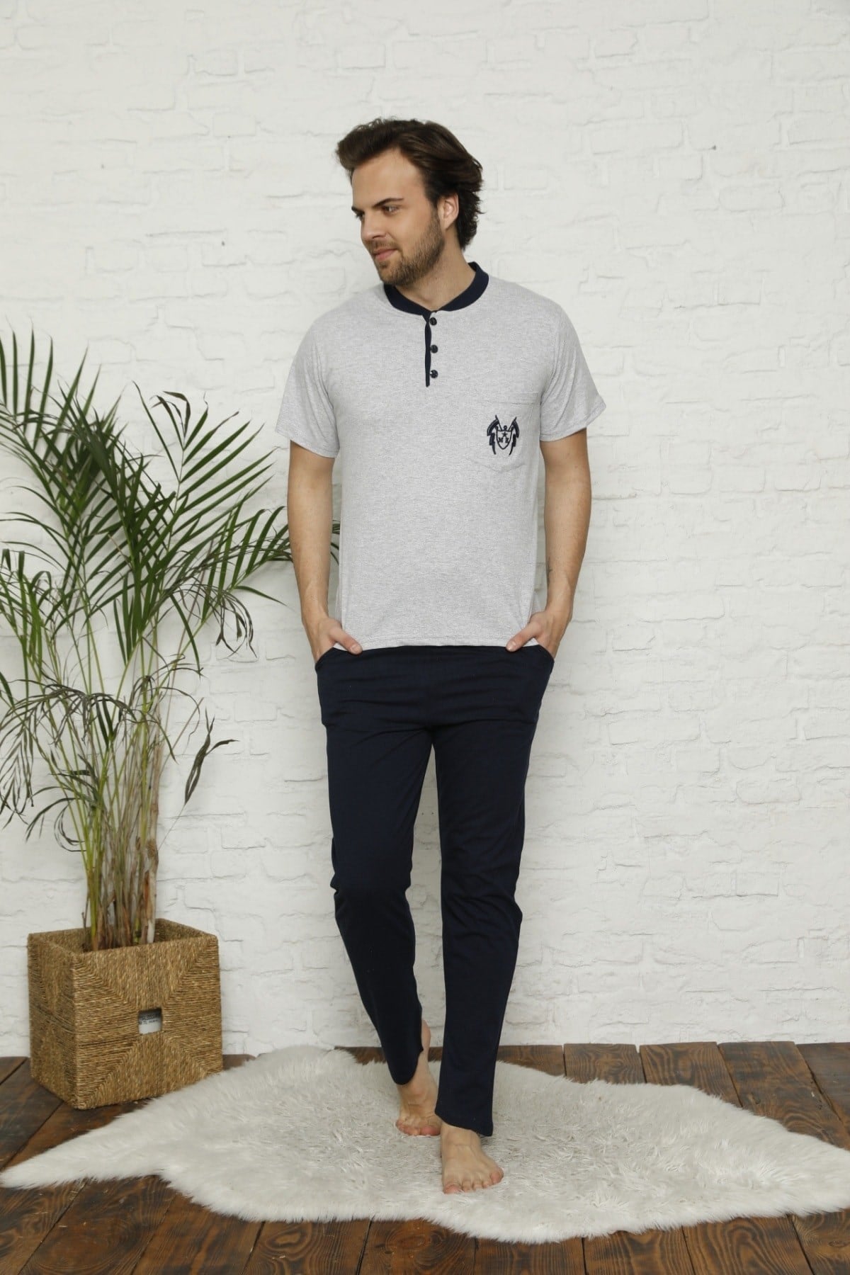 Erkek Gri Hakim Yaka Cepli Pijama Takımı