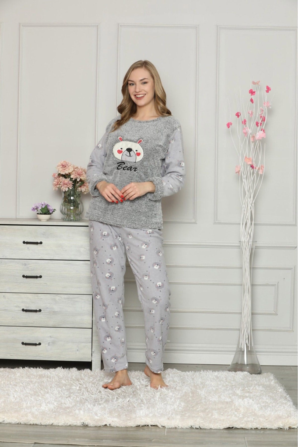 Kadın Gri Ayıcıklı Polar Pijama Takım