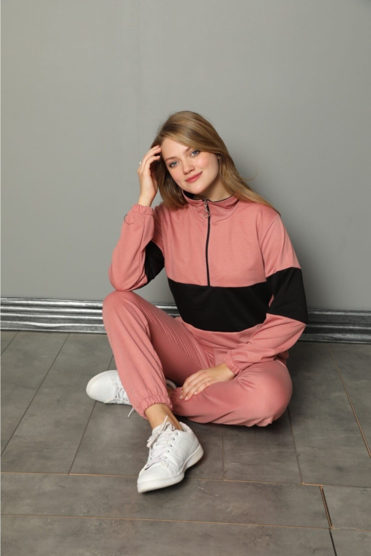 Kadın Gül Kurusu Yarım Fermuarlu Şeritli Iki Iplik Pijama Takımı