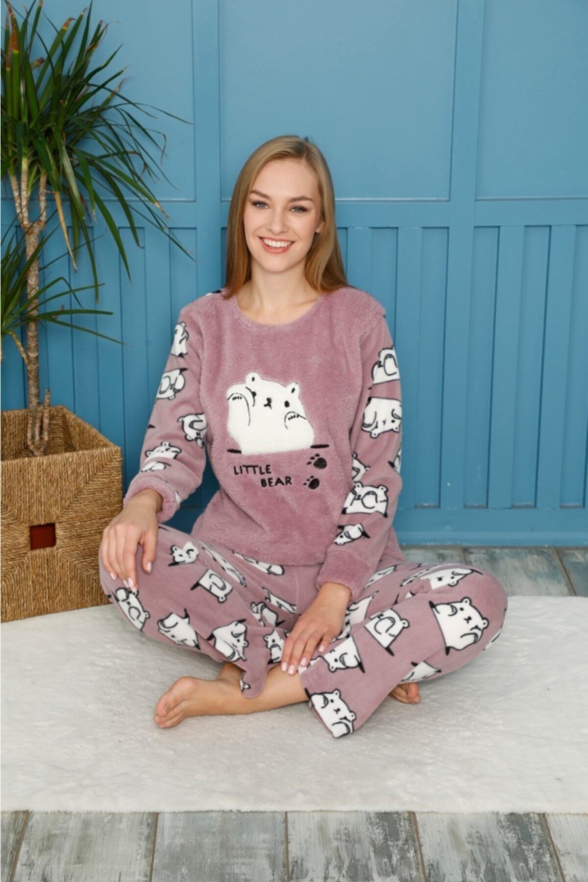 Kadın Lila Ayı Nakışlı Lıttle Bear Yazılı Polar Peluş Pijama Takımı