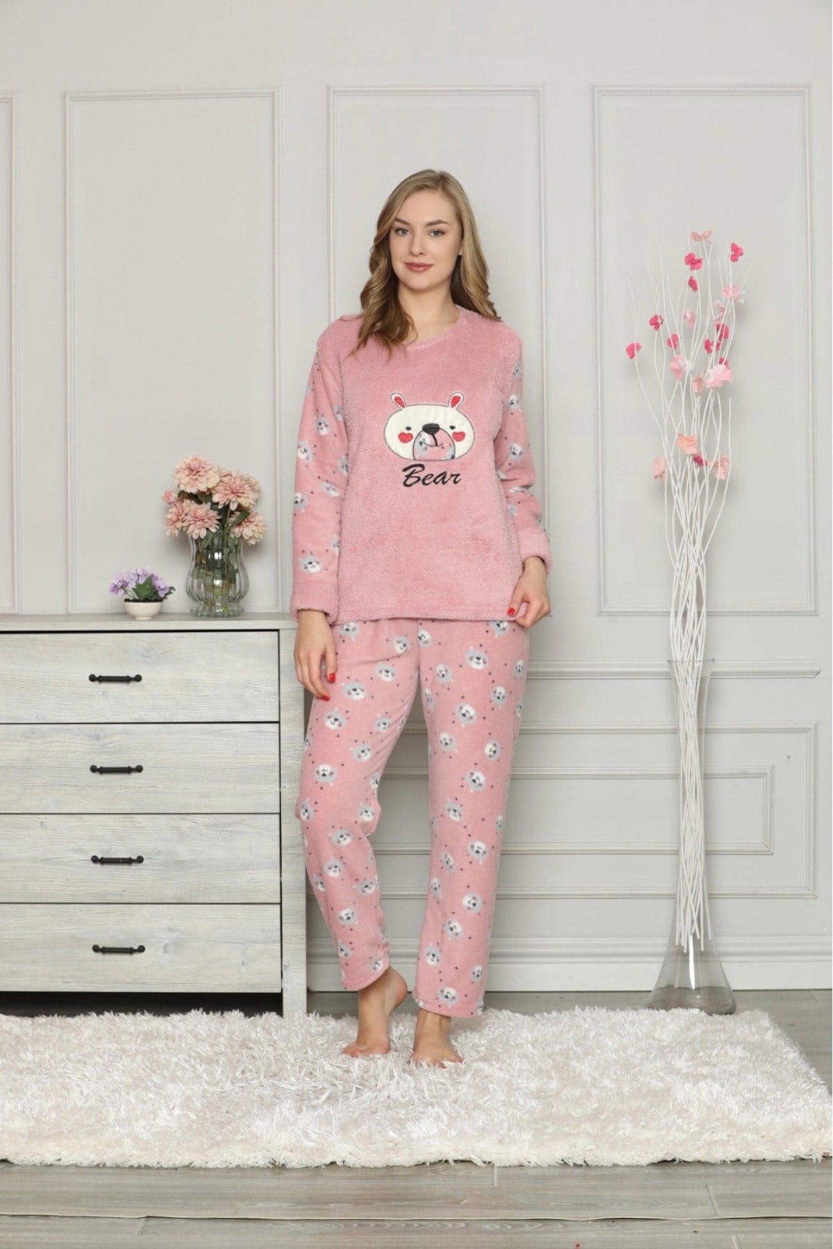 Kadın Pudra Ayıcıklı Polar Pijama Takım