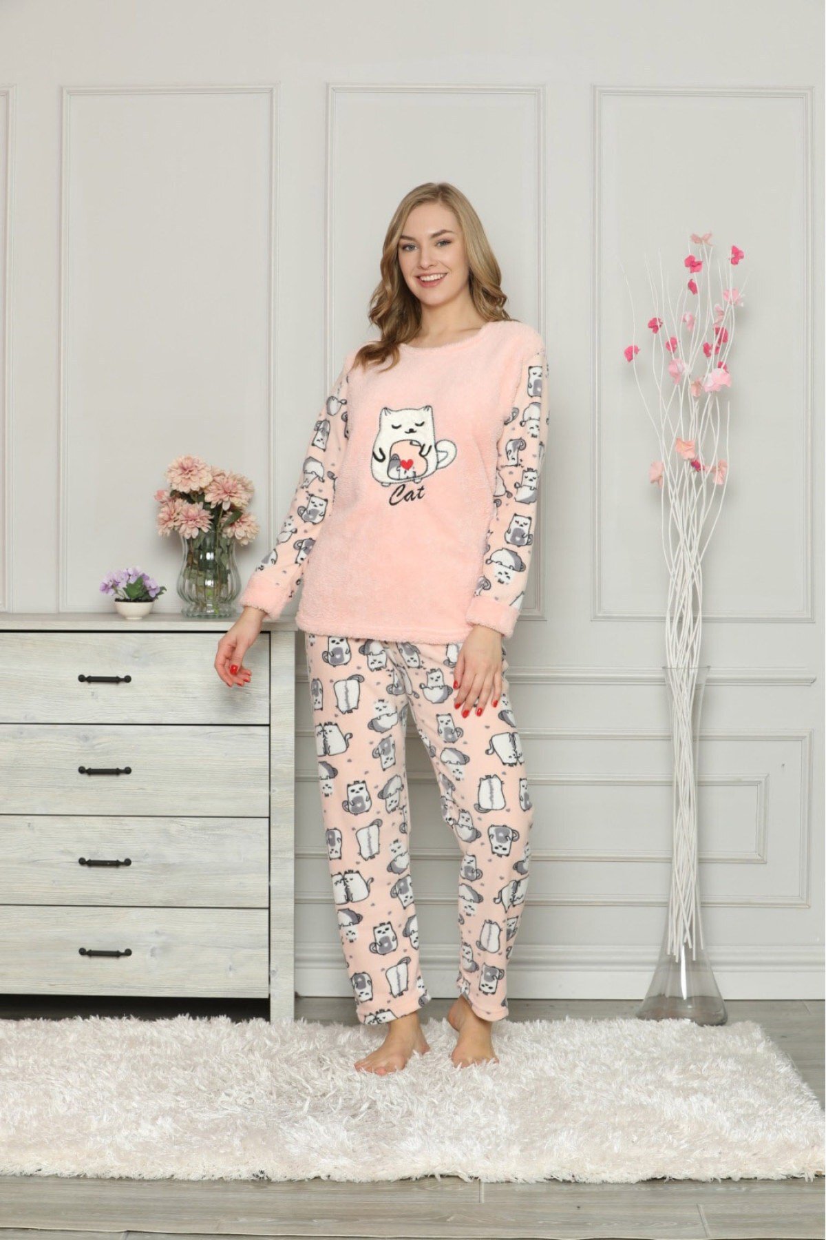 Kadın Somon Kedili Polar Pijama Takım