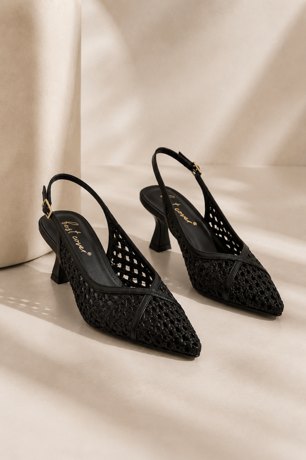 ALIX Kadın Siyah Hasır Dokulu Sivri Burun Kadeh Topuklu Slingback Ayakkabı