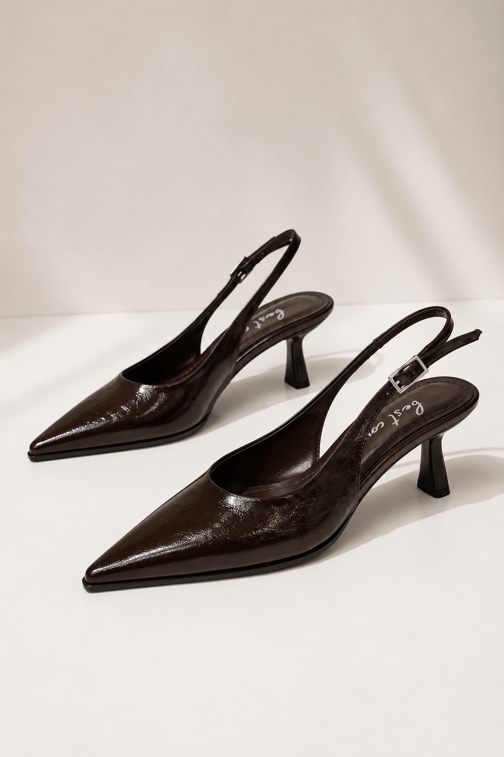 CELINE Kadın Acı Kahve Sivri Burun Kırışık Rugan Slingback Tokalı 7 Cm İnce Topuklu Ayakkabı