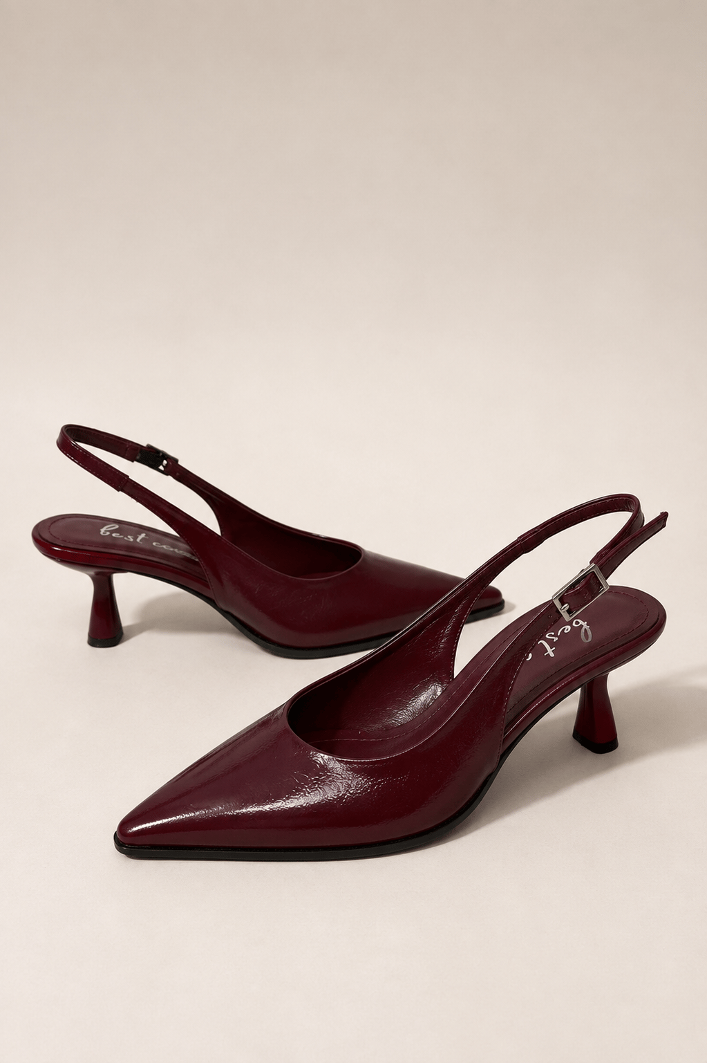 CELINE Kadın Bordo Sivri Burun Kırışık Rugan Slingback Tokalı 7 Cm İnce Topuklu Ayakkabı