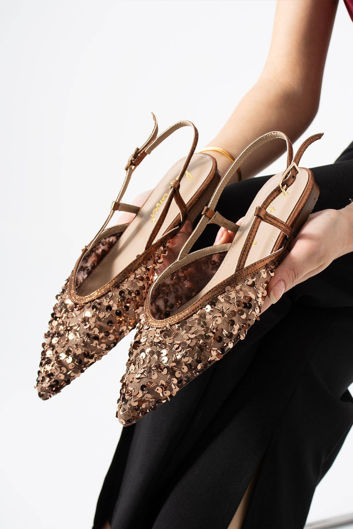LERINA Kadın Kahve Sivri Burun Slingback Pul Payet Detaylı Düz Taban Babet Ayakkabı