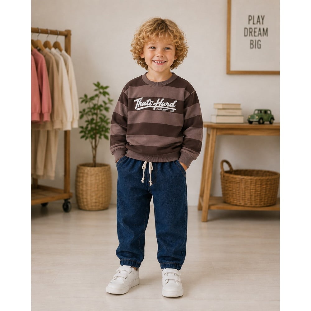 Erkek Çocuk Çizgili Sweatshirt ve Kot Pantolon İkili Takım