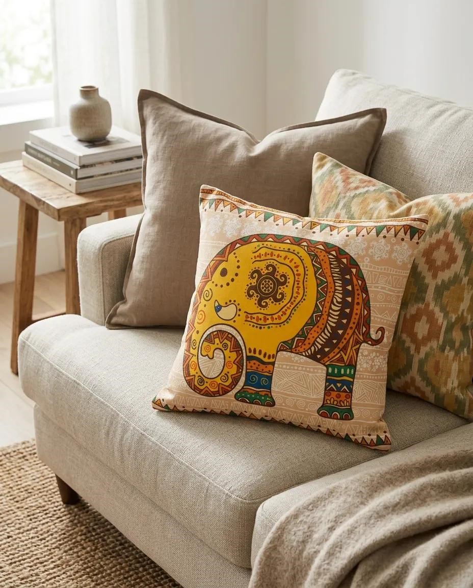 Bohem Fil Desenli Dekoratif Kırlent Kılıfı 45x45 cm Gizli Fermuarlı Petek Kumaş Dijital Baskılı Yastık Kılıfı