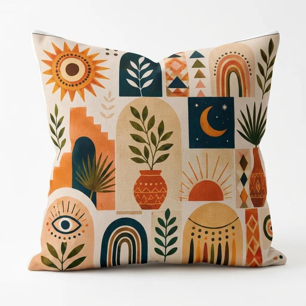 Boho Geometrik Desenli Dekoratif Kırlent Kılıfı 45x45 cm Gizli Fermuarlı Petek Kumaş Dijital Baskılı Salon Yastık Kılıfı