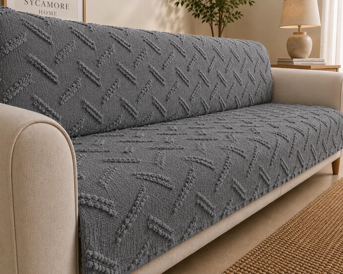 Premium Şönil Koltuk Örtüsü 175x215 cm Kesik Çizgi Desenli Kaymaz Yıkanabilir Jakarlı Çekyat Kanepe Örtüsü Lüks Salon Örtüsü