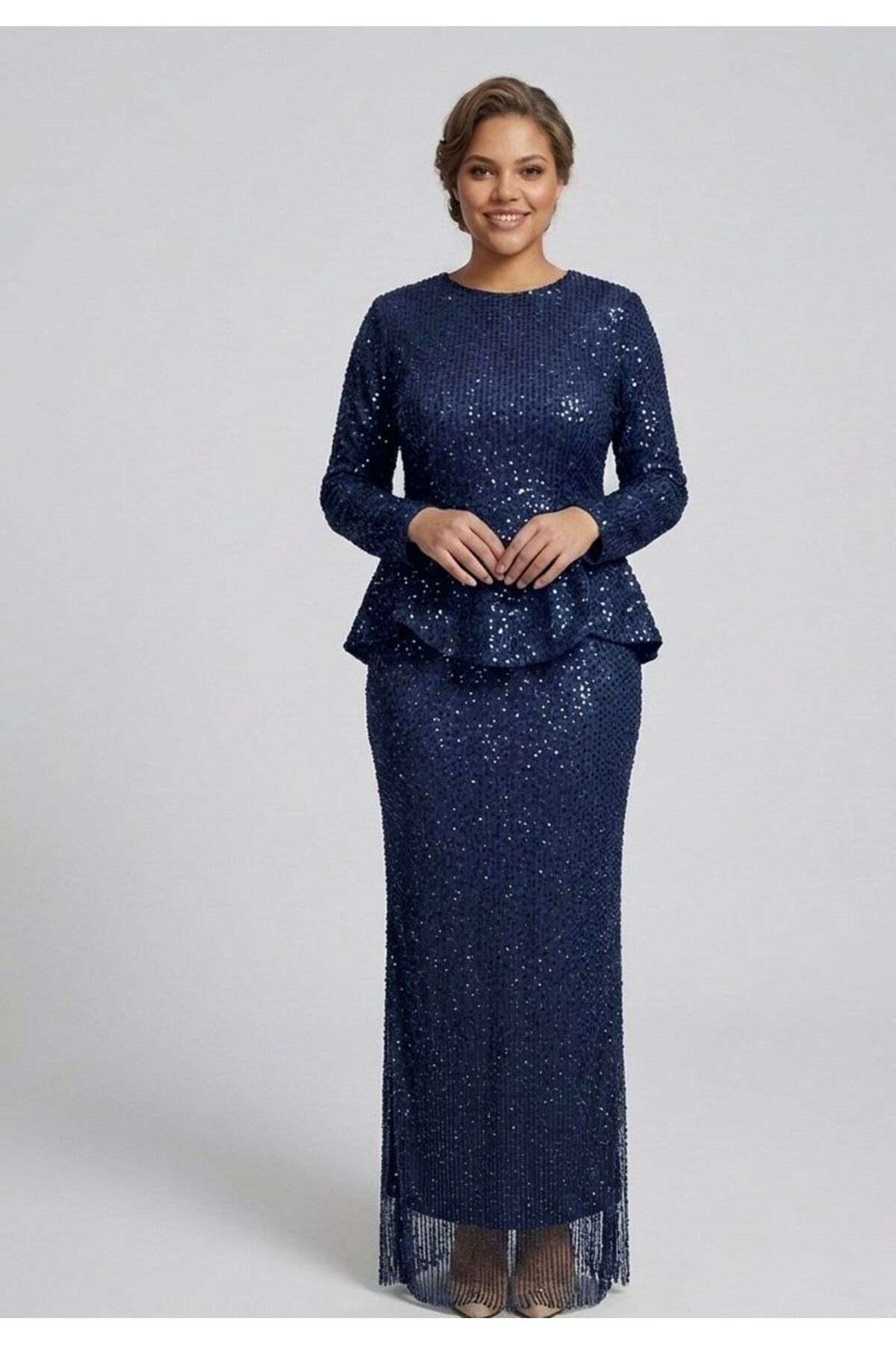 Noveradress Işıltılı Kesme Boncuk Payet Kumaş Zarif Peplum Tesettür Abiye - Gold/Siyah/Lacivert